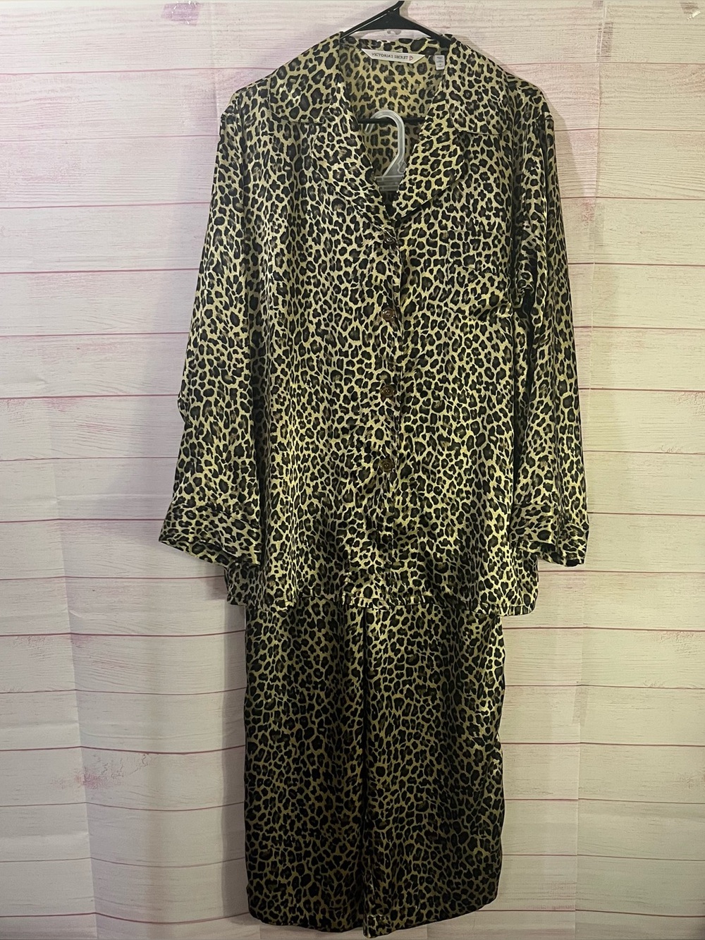 Victoria Secret Red Heart Tag VTG 90s Animal Print Satin Pajama Set Medium